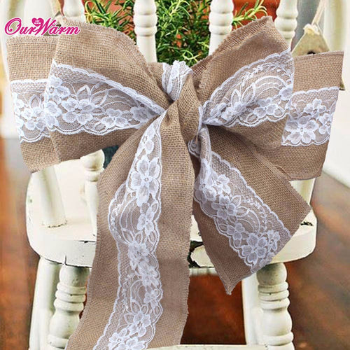 Lace Burlap Wedding Chair Sashes Bow Natural Hessian Jute Chair Cover for Wedding Decoration Home Hotel Banquet Chair Decoration