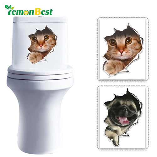 LemonBest 3D Cats Wall Toilet Stickers Hole View Vivid Dogs Bathroom Room Decoration Animal Vinyl Decals Art Sticker Wall Poster