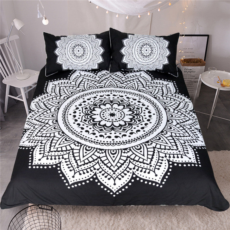 Mandala Print Bedding Set  Floral Duvet Cover Black and White Bohemian